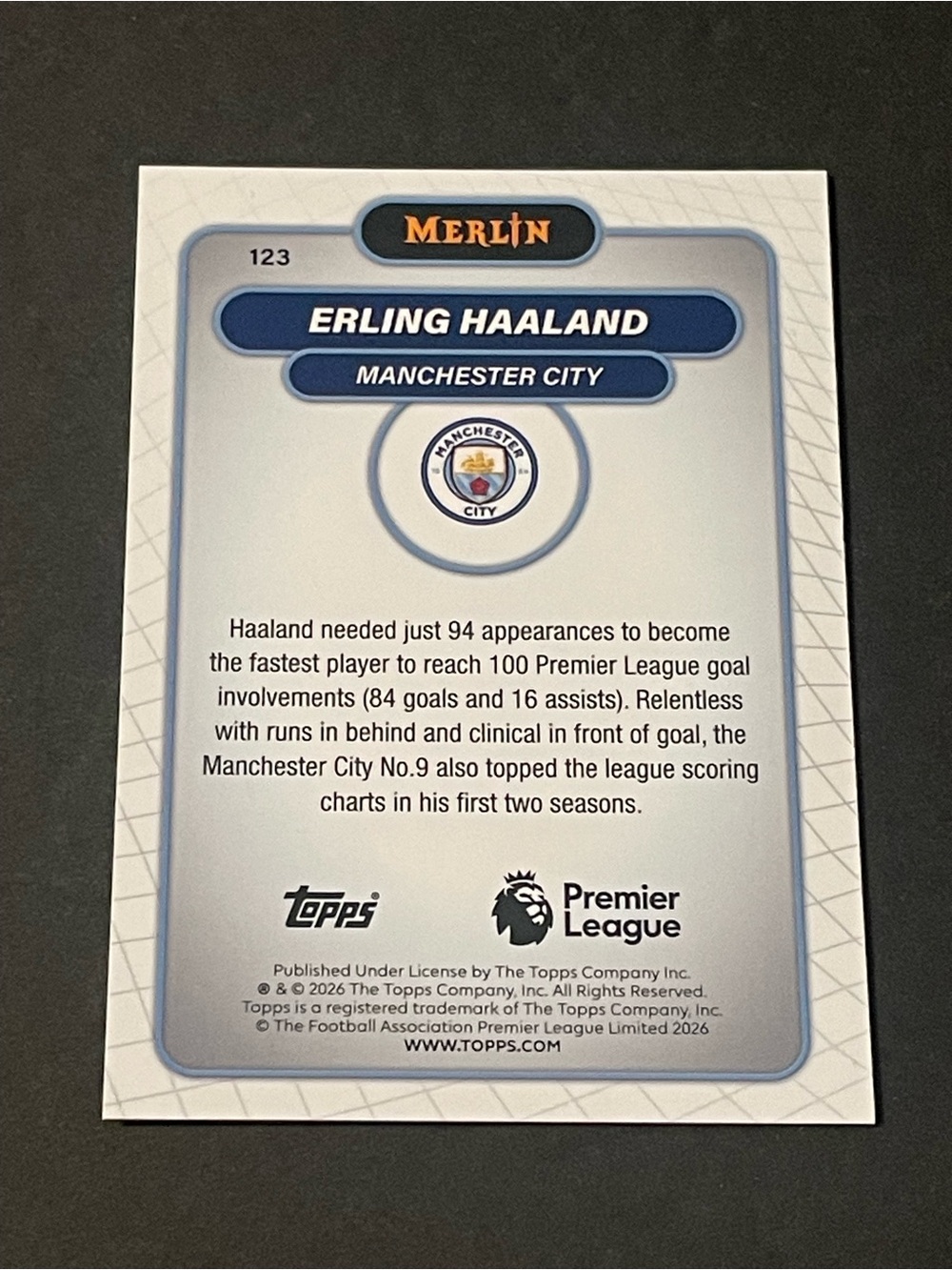 2026 Merlin Premier League Erling Haaland Manchester City #123 Base Card - Picture 2 of 6